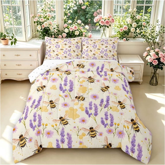 Erosebridal Vintage Bug Bee Full Size Comforter Sets,Watercolor Floral Bedding Comforter Set,Cream Yellow,Reversible,3-Piece,1 Comforter and 2 Pillowcases