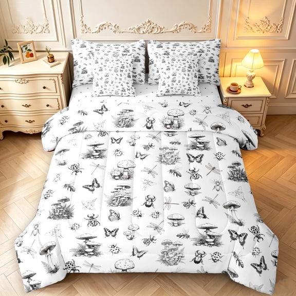 Erosebridal Vintage Bug Ladybug 7 Pieces Full Size Bedding Sets,Nature Wildlife Themed Full Size Bed in a Bag,White Black,Reversible