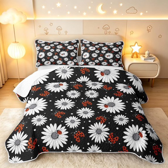 Erosebridal Vintage Bug Ladybug Quilt Full,Kawaii Daisy Floral Full Bedspread Sets,Black Gray,3pcs,1 Coverlet and 2 Pillowcases