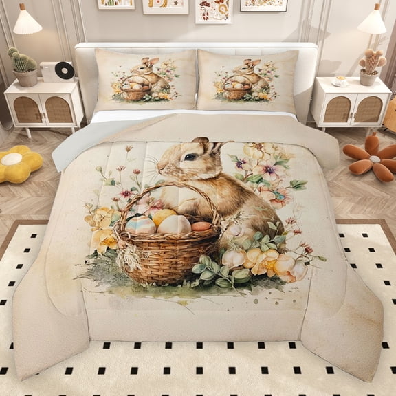 Erosebridal Vintage Bunnies Queen Comforter Set for Kids, Happy Easter Rabbit Egg Bedding Comforter Set, Gray Reversible, 3pcs