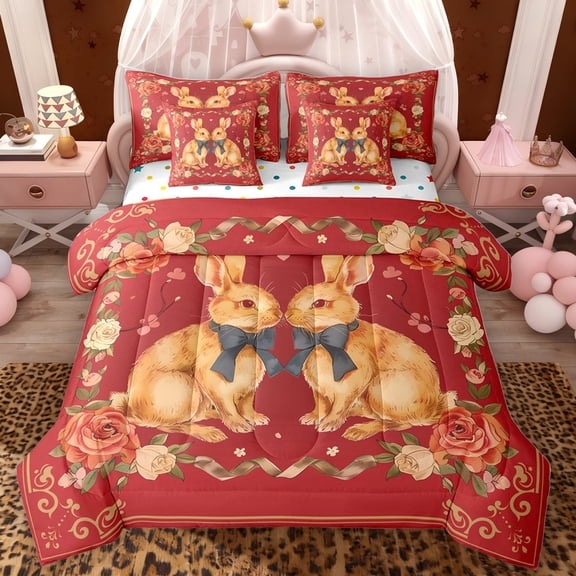 Erosebridal Vintage Bunnies Twin Bedding Sets for Girls, Retro Floral Bedding Comforter Set, Red Easter Room Decor, Polka Dots Reversible, 7 Pieces