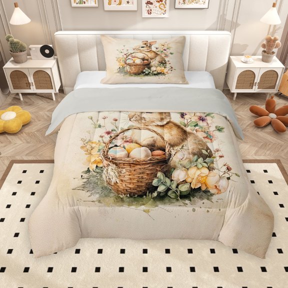 Erosebridal Vintage Bunnies Twin Comforter Sets for Kids, Happy Easter Rabbit Egg Bedding Set, Gray Reversible, 2pcs