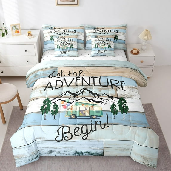 Erosebridal Vintage Camper Bedding Sets Twin Size,Lodge Cabin Comforter Sets with Sheets,Happy Camping Bed in a Bag Twin size,Ultra Soft Rustic Bedroom Decorative,Reversible,7pcs