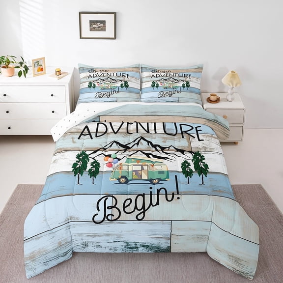 Erosebridal Vintage Camper Bedding Twin Comforter Set,Lodge Cabin Down Comforter,Happy Camping Bedding Sets Twin with Comforter,Ultra Soft Rustic Bedroom Decorative,Reversible,3pcs