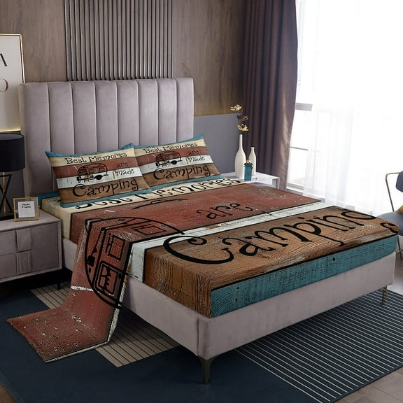 Erosebridal Vintage Camper Sheet Set Twin,Lodge Cabin Bedding Sets Twin Size,Happy Camping Twin Sheet Sets,Ultra Soft Rustic Bedroom Decorative,3pcs