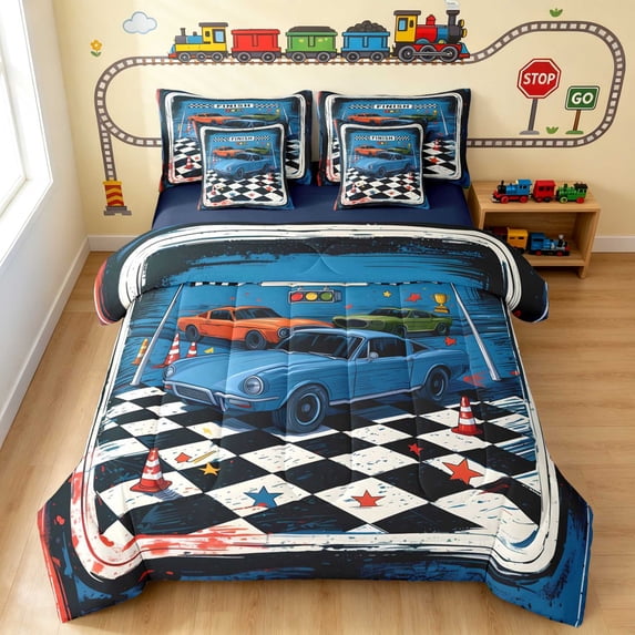 Erosebridal Vintage Car Full Size Bedding Sets, Finish Line Full Size Bed in a Bag, Vintage Finish, Navy Reversible 7pcs