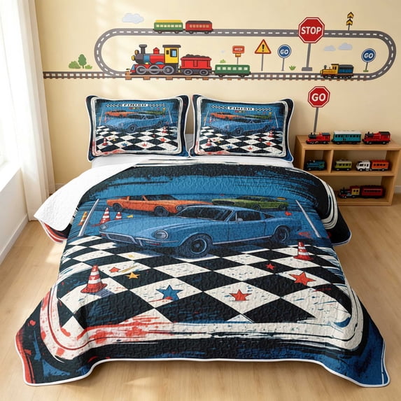 Erosebridal Vintage Car Quilt King, Finish Line King Coverlet Set, Vintage Finish 3-Piece 1 Bedspread and 2 Pillowcases