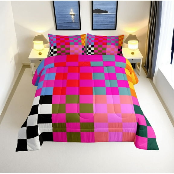 Erosebridal Vintage Checkered Bedding Twin Comforter Set, Square Geometric Down Comforter, Buffalo Check Decor, Reversible