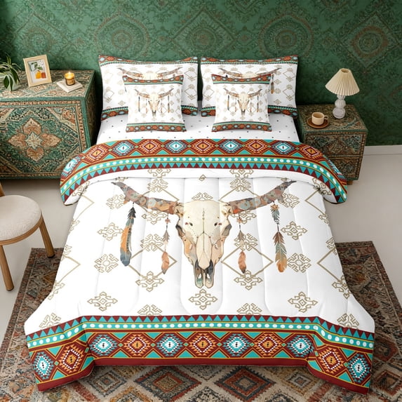 Erosebridal Vintage Cow Skull Twin Bedding Sets, Farmhouse Aztec Bedding Comforter Set, Reversible 7-Piece