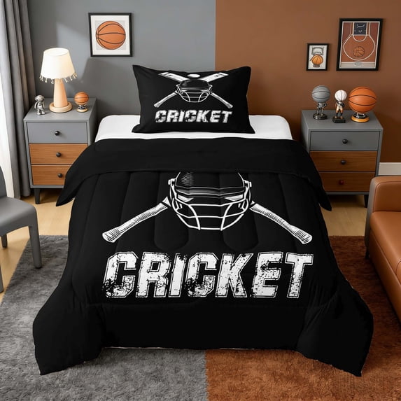 Erosebridal Vintage Cricket Twin Comforter Sets, Sport Bedding Set for Men and Boys, Black Reversible 2-Piece, 1 Comforter and 1 Pillowcase