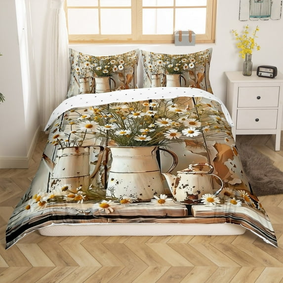 Erosebridal Vintage Daisy Duvet Cover , Flower Floral Bedding Sets, Rustic Farmhouse Decoration, Reversible (No Comforter)