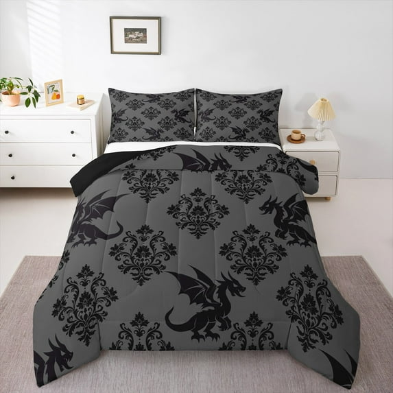 Erosebridal Vintage Damask Bedding Sets Full with Comforter,Magic Dragon Duvet Insert,Gothic Print Comforter Sets Full Size,Super Cozy Room Decoration Reversible,3-Piece