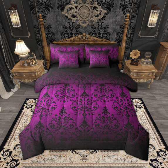 Erosebridal Vintage Damask Bedding Twin Size 7pcs, Boho Vintage Flower Comforter Sets with Sheets, Purple, Lightweight