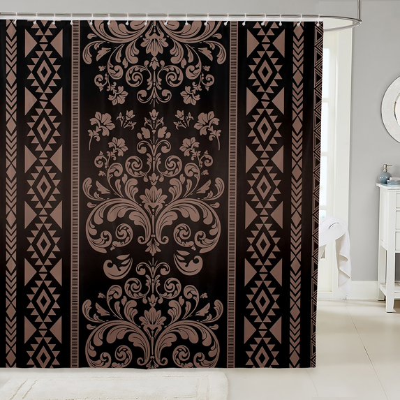Erosebridal Vintage Damask Floral Bathroom Curtain 72x78,Victorian Paisley Bathroom Decor,Black Brown