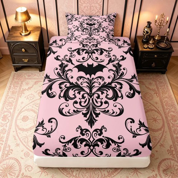 Erosebridal Vintage Damask Twin Fitted Sheet, Gothic Pattern Bedding, Pink Black, 2 Pieces, 1 Fitted Sheet and 1 Pillowcase