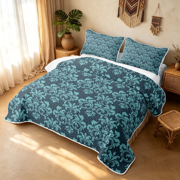 Erosebridal Vintage Damask Twin Quilt Set, Retro Floral Twin Coverlet Set, Teal Dusk 2 Pieces, 1 Bedspread and 1 Pillowcase