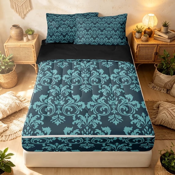 Erosebridal Vintage Damask Zipper Twin Comforter Sets with Fitted Sheet and 2 Pillowcases, Retro Floral Zipper Bedding Set, Teal Dusk, Black Reversible