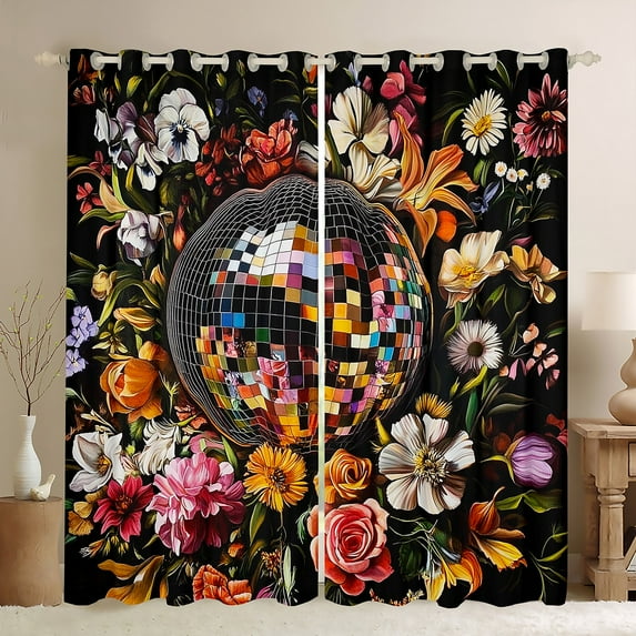 Erosebridal Vintage Disco Ball Curtains Pack of 2 (42x63), Retro Flower Blossoms 30%-50% Black Out Curtains