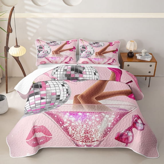 Erosebridal Vintage Disco Ball Quilt King, Girls Fashion King Coverlet Set, 3 Pieces 1 Quilt and 2 Pillowcases