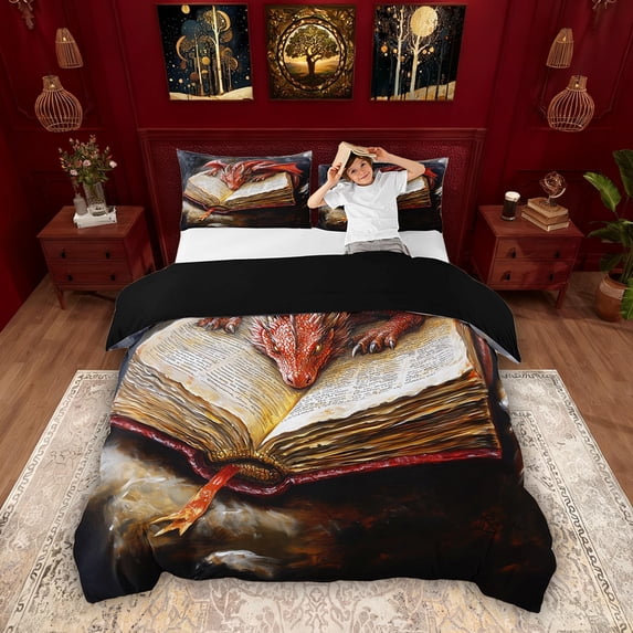 Erosebridal Vintage Dragon Duvet Cover Set, Magic Book Bedding Full for Kids Boys, Black Reversible, 1 Duvet Cover and 2 Pillowcases (No Comforter)