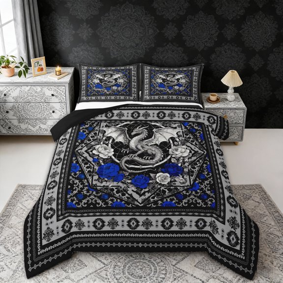 Erosebridal Vintage Dragon Queen Comforter Set, Bohemian Aztec Mandala Bedding Comforter Set, Black Gray Blue, Black Reversible 3pcs, 1 Comforter and 2 Pillowcases