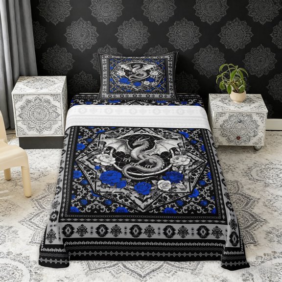Erosebridal Vintage Dragon Twin Sheet Sets, Bohemian Aztec Mandala Bedding, Black Gray Blue, 3 Pieces 1 Flat Sheet, 1 Fitted Sheet and 1 Pillowcase