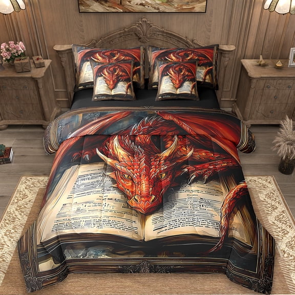 Erosebridal Vintage Dragons Bedding Full Size,Western Animal Comforter Sets with Sheets,Retro Book Print Bedding Sets Full Size,Super Cozy Room Decoration Reversible,7 Pieces