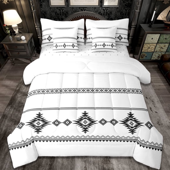 Erosebridal Vintage Exotic Bohemian 7-Piece Bedding Comforter Set,White Black King Bedding Sets For Men Women,Reversible