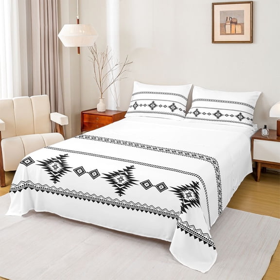 Erosebridal Vintage Exotic Bohemian Bed Sheets,White Black King Sheets For Men Women 4 Pieces