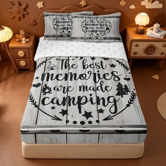 Erosebridal Vintage Farm Camping Zipper Full Size Comforter Sets with Fitted Sheet and 2 Pillowcases,Weathered Gray Plank Frame Zipper Bedding Set For Boys,Reversible,4-Piece