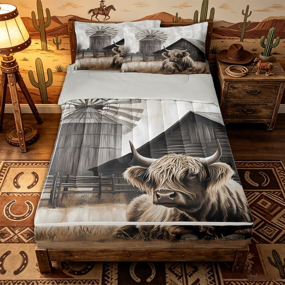 Erosebridal Vintage Farm Highland Cow Pattern Zipper Queen Comforter Set with Fitted Sheet and 2 Pillowcases,Rustic Windmill Print Zipper Bedding Set,Beige Taupe White,Grey Reversible