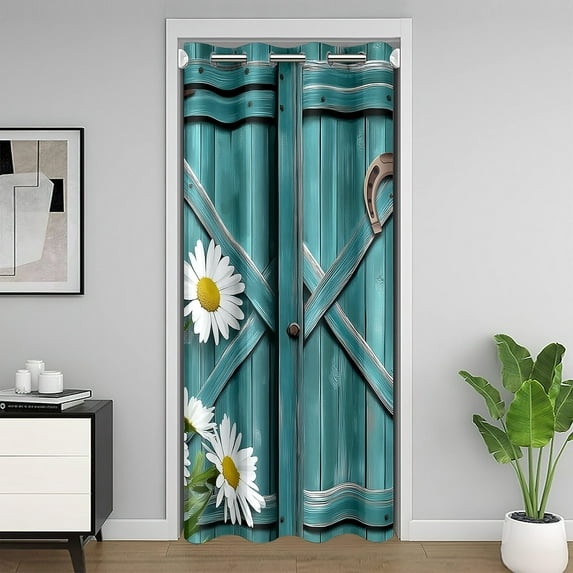 Erosebridal Vintage Farmhouse Door Curtain Panel 52x80,Rustic Old Barn Door Room Divider Curtain,White Daisy Decoration