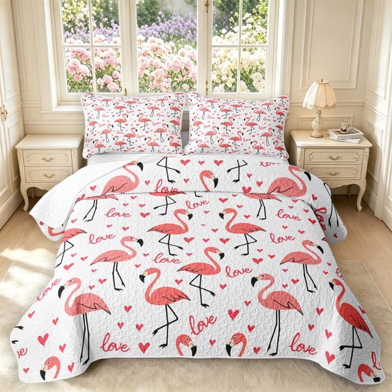 Erosebridal Vintage Flamingo Animals Twin Quilt Set,Cute Wildlife Twin Coverlet Set,White Pink,2 Pieces,1 Bedspread and 1 Pillowcase