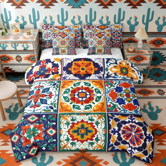 Erosebridal Vintage Floral Bedding Comforter Set for Women Girls, Mandala Checkered King Bedding Sets, Reversible 7-Piece