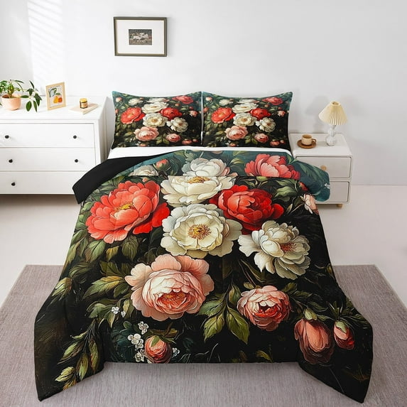 Erosebridal Vintage Floral Bedding Sets Full with Comforter,Botanical Plants Duvet Insert,Blooming Flowers Comforter Sets Full Size,Breathable Blossom Room Decorative,Reversible,3pcs