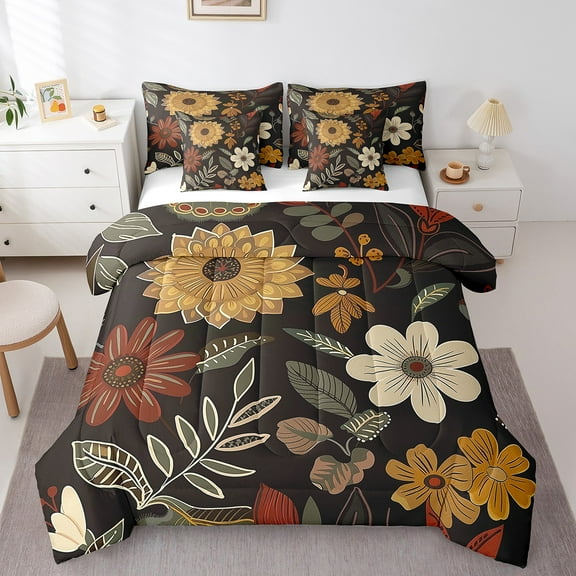 Erosebridal Vintage Floral Bedding Sets Twin Size, Hipppie Plant Comforter Sets with Sheets, Leaf Branch Bed Set, Breathable Bedroom Decor, 7-Piece