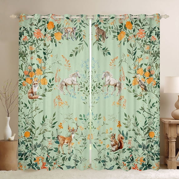 Erosebridal Vintage Floral Curtains Pack of 2 (42x84 Each), Wild Horse Moose Squirrel Curtains Blackout, Green