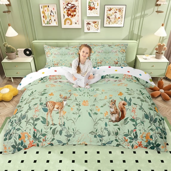 Erosebridal Vintage Floral Duvet Cover Set, Wild Horse Moose Squirrel Bedding Full, Green, Polka Dots Reversible, 3pcs 1 Duvet Cover and 2 Pillowcases, No Comforter