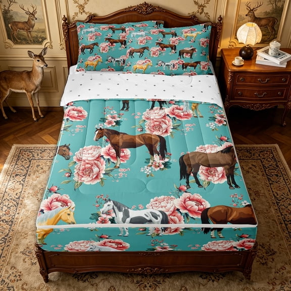 Erosebridal Vintage Floral Horse Zipper Twin Comforter Sets with Fitted Sheet and 2 Pillowcases for Girls Women, Teal Peony Western Animal Zipper Bedding Set, Reversible, 4pcs