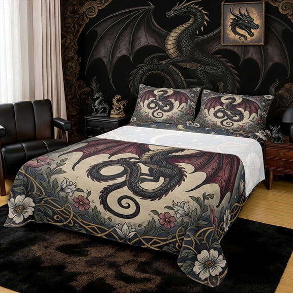 Erosebridal Vintage Floral Moon Dragon Queen Sheet Sets for Men and Women, Black Red Beige Art Nouveau Bed Set, 4 Pieces, 1 Flat Sheet, 1 Fitted Sheet and 2 Pillowcases