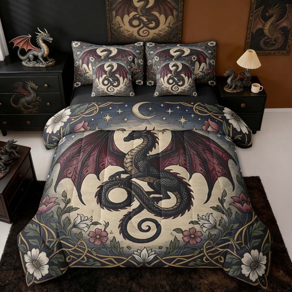 Erosebridal Vintage Floral Moon Dragon Twin Bedding Sets for Men and Women, Black Red Beige Art Nouveau Bedding Comforter Set, Black Reversible, 7-Piece
