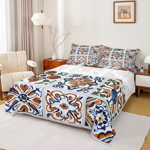 Erosebridal Vintage Floral Pattern Bed Sheets,Retro Boho Aesthetic Art King Sheets For Men Women 4 Pieces