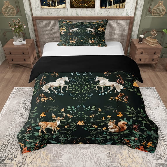 Erosebridal Vintage Floral Twin Bedding, Wild Horse Squirrel Moose Duvet Cover Set, Black Reversible, 2pcs 1 Duvet Cover and 1 Pillowcase, No Comforter