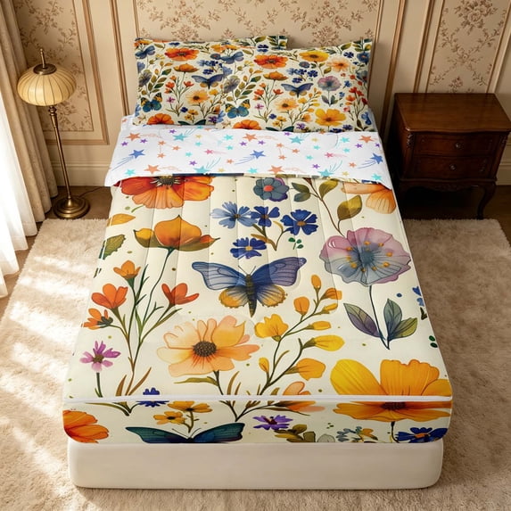 Erosebridal Vintage Floral Zipper Full Size Comforter Sets with Fitted Sheet and 2 Pillowcases, Traditional Flower Zipper Bedding Set, Stars Reversible, Bright Floral, Stars Reversible