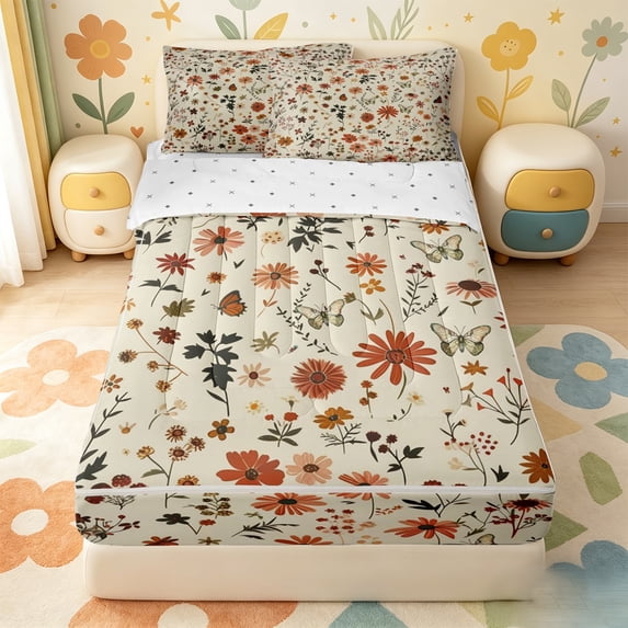 Erosebridal Vintage Floral Zipper Queen Comforter Set with Fitted Sheet and 2 Pillowcases,Wildflower Butterfly Print Zipper Bedding Set For Girls,Reversible,4-Piece