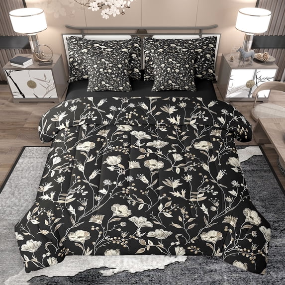 Erosebridal Vintage Flower Bedding Comforter Set for Women, Black Beige Full Bedding Set, Black Reversible, 7-Piece