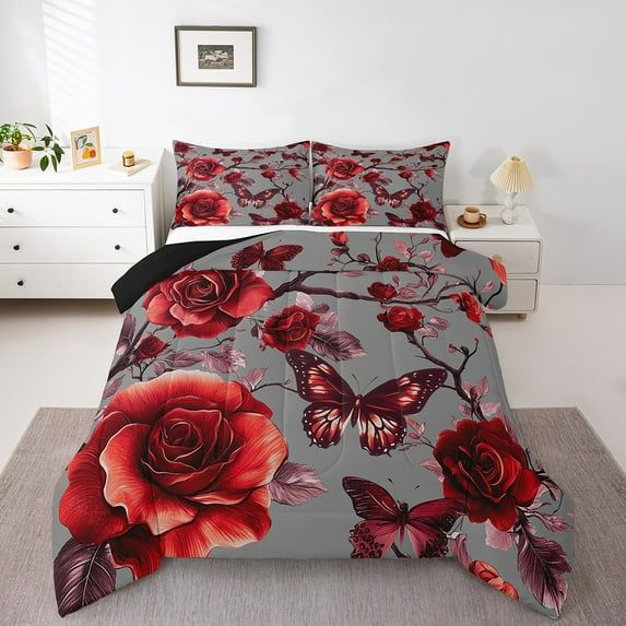 Erosebridal Vintage Flower Bedding Queen Comforter Set, Valentines Day Comforter Sets Queen Size, Red Butterfly Reversible Down Comforter, Ultra Soft Bedroom Decoration, 3pcs