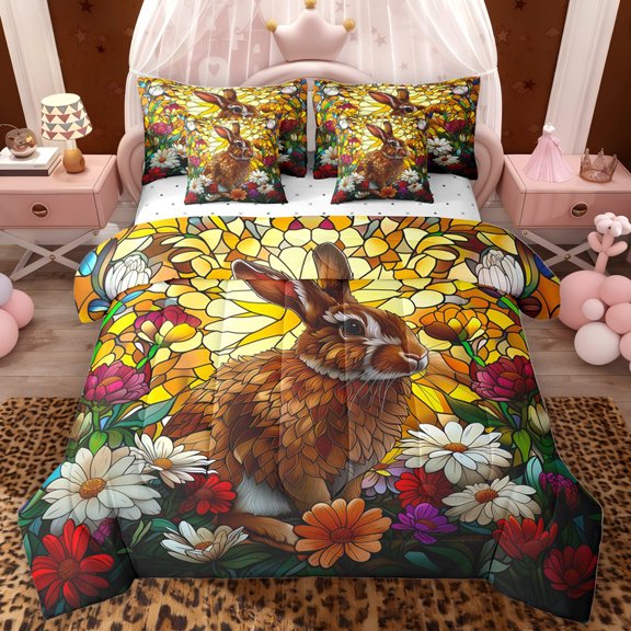 Erosebridal Vintage Flower Rabbit Bedding Comforter Set, Cathedral Glass Art Queen Bedding Sets, Reversible, 7pcs