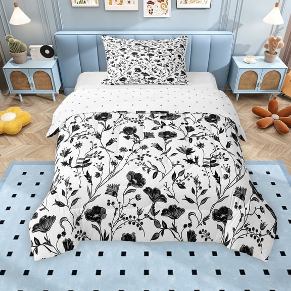 Erosebridal Vintage Flower Twin Comforter Sets for Women, Black White Bedding Set, Reversible, 2pcs