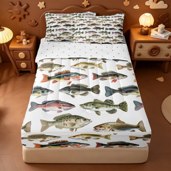 Erosebridal Vintage Game Fish Zipper Twin Comforter Sets with Fitted Sheet and 2 Pillowcases,Lake Angler Neutral Cabin Pattern Zipper Bedding Set For Girls,Reversible,4-Piece
